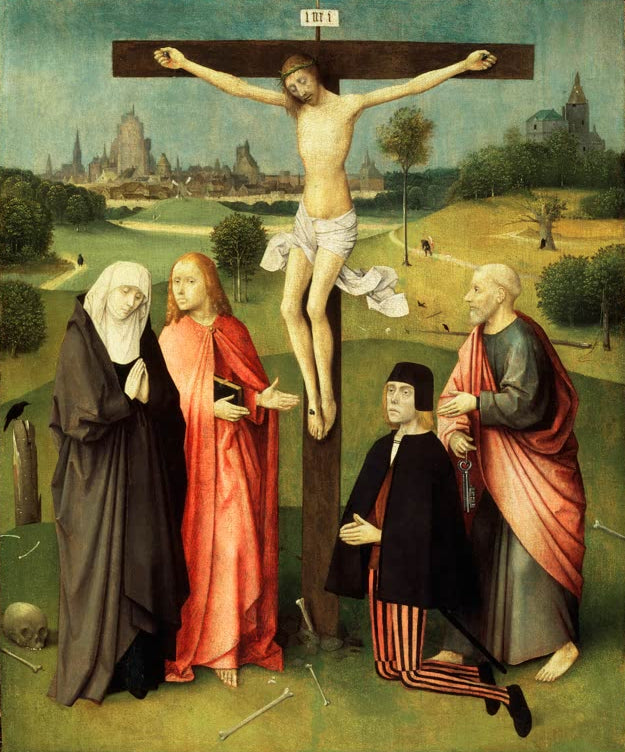 Kunstdruck „Die Kreuzigung“ von Hieronymus Bosch mit Christus am Kreuz und religiöser Passionsszene