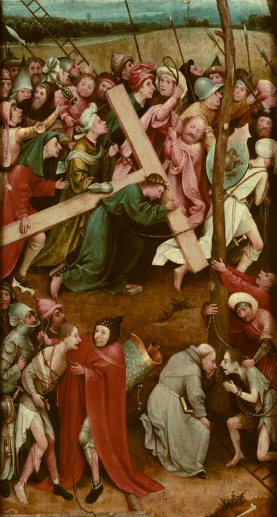 Kunstdruck „Die Kreuztragung Christi“ von Hieronymus Bosch mit Christus, Kreuz und dicht gedrängter Figurenszene
