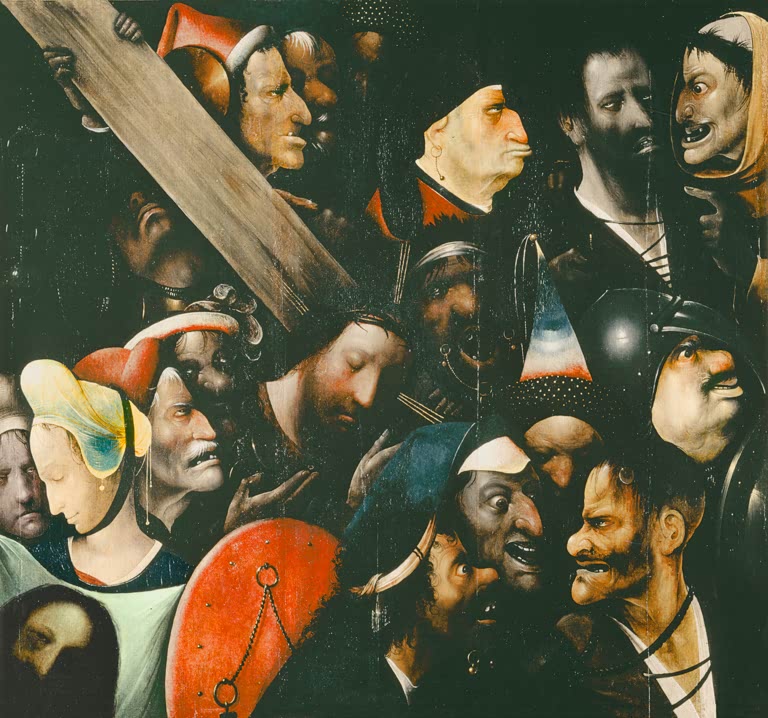 Kunstdruck „Die Kreuztragung Christi“ von Hieronymus Bosch mit Christus, Kreuz und eindringlicher Passionsszene