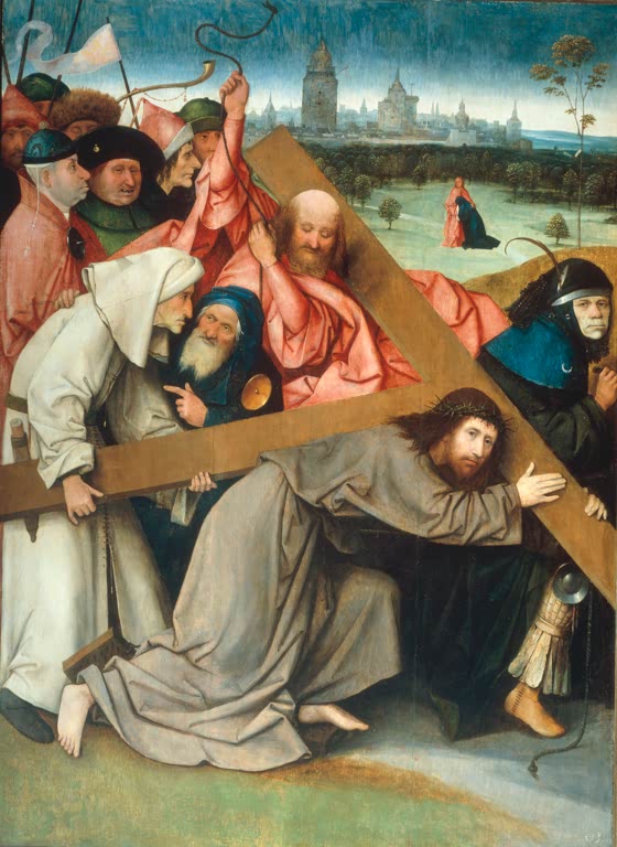 Kunstdruck „Die Kreuztragung Christi“ von Hieronymus Bosch mit Christus, Kreuz und dramatischer Passionsszene