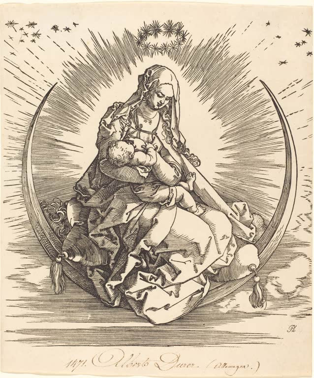 Kunstdruck „Die Madonna auf der Mondsichel“ von Albrecht Dürer mit Maria und Kind in sakraler Renaissance-Darstellung