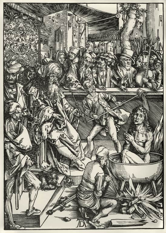 Kunstdruck „Die Marter des Evangelisten Johannes“ von Albrecht Dürer mit dramatischer religiöser Szene