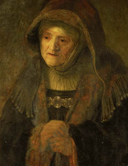 Kunstdruck von Rembrandts Gemälde „Die Mutter des Künstlers als Prophetin Hanna“ mit dem Porträt einer älteren Frau.