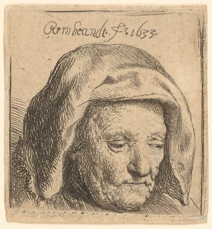 Kunstdruck von Rembrandt van Rijn, Die Mutter des Künstlers mit Tuchhaube, nach unten blickend, nur der Kopf
