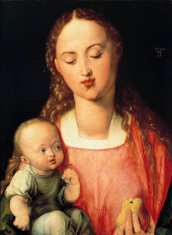 Kunstdruck von „Die Muttergottes mit der Birne“ von Albrecht Dürer. Detailreiche Renaissance-Darstellung der Madonna mit Kind und Birne, in Deutschland handgefertigt.
