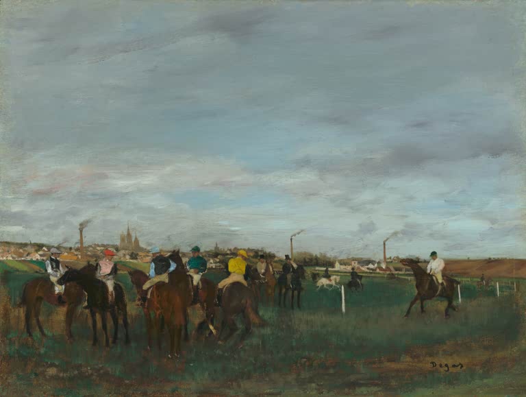 Kunstdruck des Gemäldes „Die Pferderennen“ von Edgar Degas, detailgetreu als Kunstdruck umgesetzt und in Deutschland von Hand gefertigt.