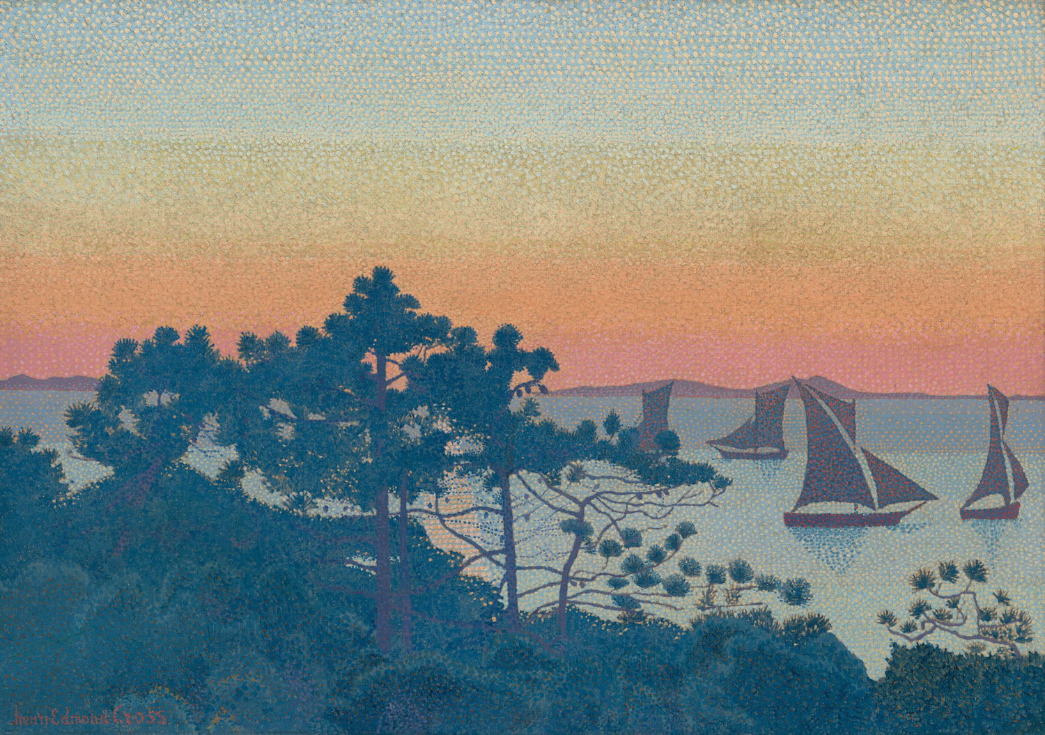 La Pointe de la Galère von Henri Edmond Cross – ein farbenfrohes neoimpressionistisches Gemälde, das eine mediterrane Küstenlandschaft mit leuchtenden Blau-, Grün- und Gelbtönen in der Pointillismus-Technik zeigt
