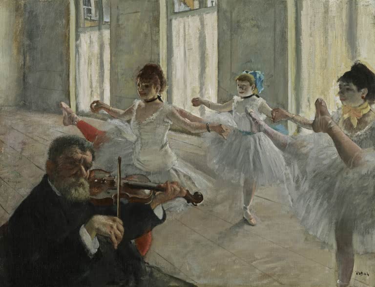 Kunstdruck des Gemäldes Die Probe von Edgar Degas mit Balletttänzerinnen während einer Tanzprobe.