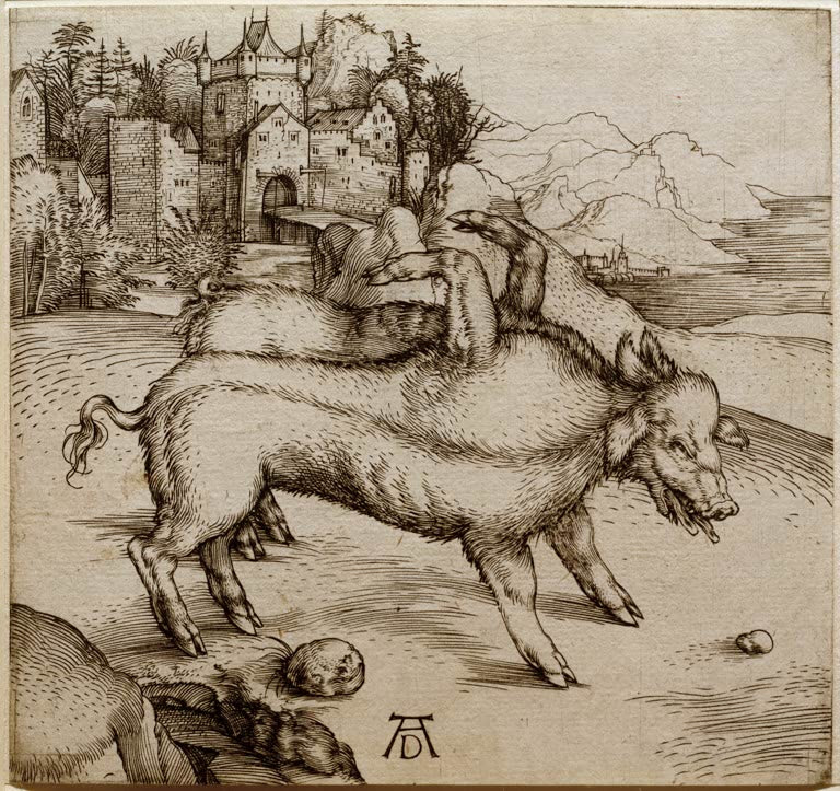 Kunstdruck von „Die Sau von Landser“ von Albrecht Dürer. Detailreiche Tierdarstellung aus der Renaissance mit dem ungewöhnlichen Motiv der Sau von Landser, in Deutschland handgefertigt.