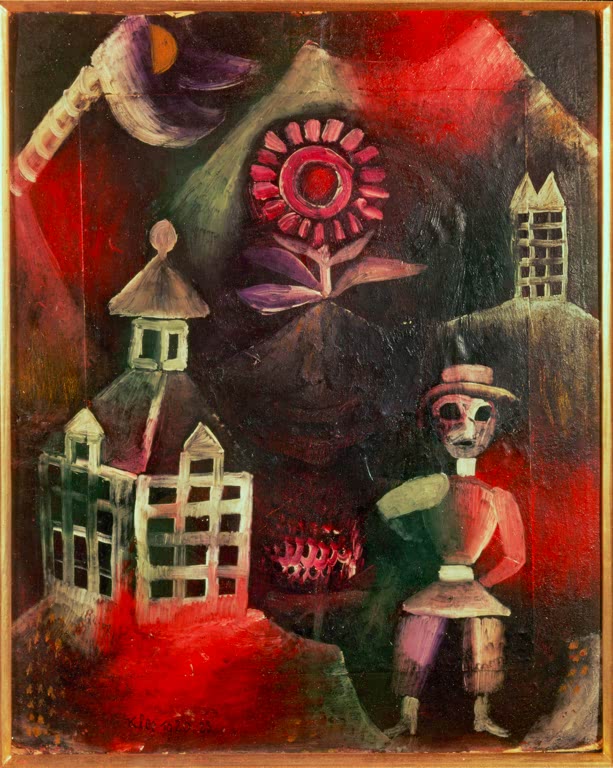 Kunstdruck von „Die Schule“ von Paul Klee mit abstrakter Architektur und geometrischen Formen in ausgewogener Farbgestaltung.