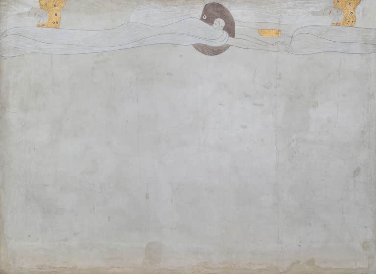 Kunstdruck von „Die Sehnsucht nach Glück“ von Gustav Klimt mit symbolistischer Bildsprache und kunstvoller Ornamentik. In Deutschland von Hand gefertigt.