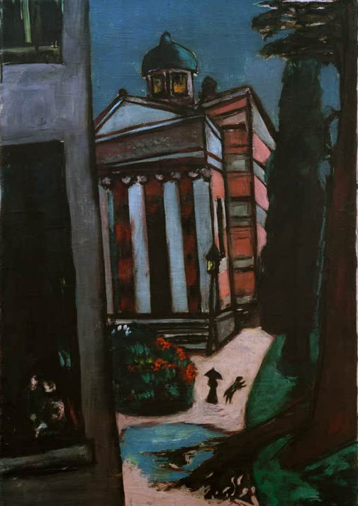 Kunstdruck „Die Stourdza-Kapelle. Regentag in Baden-Baden“ von Max Beckmann mit Kapelle und regnerischer Stadtlandschaft

