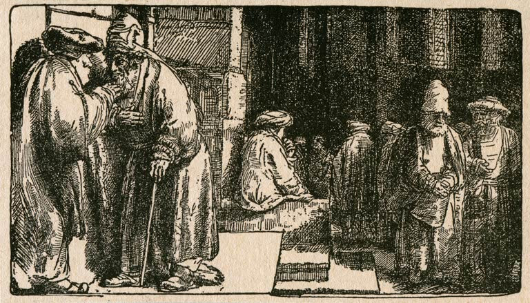 Kunstdruck von Rembrandts Gemälde „Die Synagoge“ mit einer detailreichen Darstellung des Innenraums.