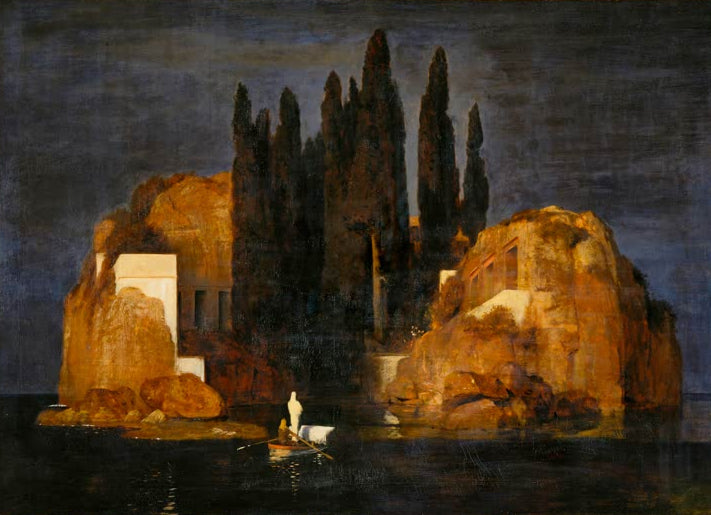 Kunstdruck von „Die Toteninsel“ von Arnold Böcklin mit düsterer Felseninsel, Zypressen und Boot auf stillem Wasser