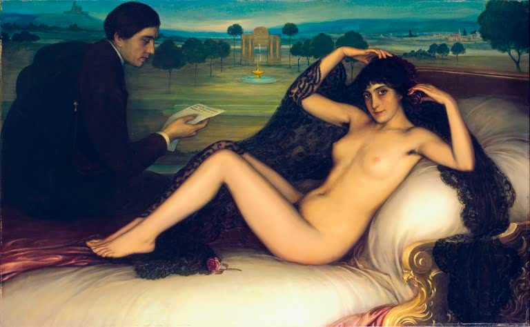 Kunstdruck von „Die Venus der Poesie“ von Julio Romero de Torres mit liegender Venus, poetischer Allegorie und spanischer Landschaft