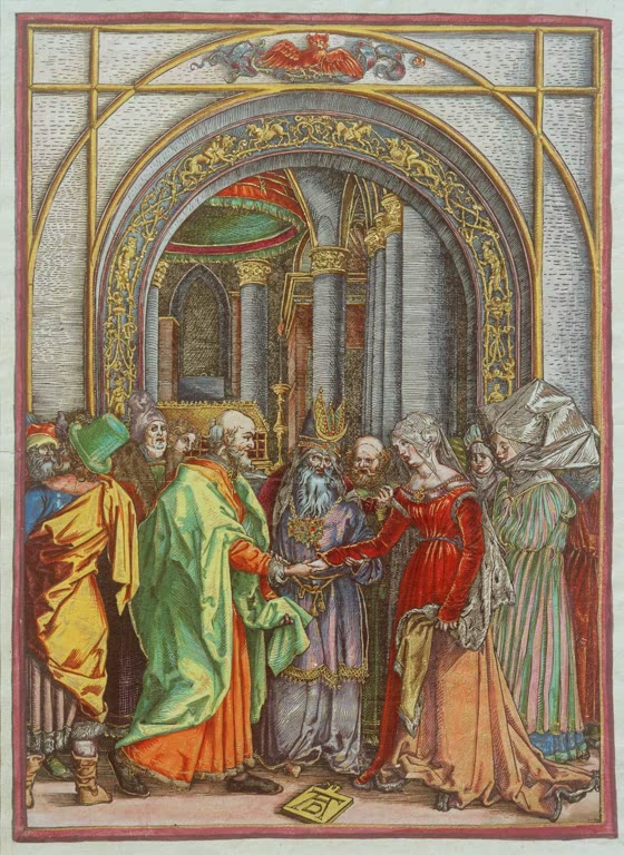 Kunstdruck des Gemäldes „Die Verlobung Mariens“ von Albrecht Dürer. Hochwertiger Fine-Art-Druck, in Deutschland per Hand gefertigt, erhältlich auf Leinwand oder als Poster.
