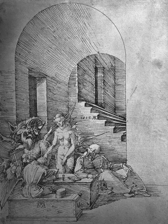 Kunstdruck „Die Versuchung“ von Albrecht Dürer mit symbolreicher religiöser Szene der Renaissance