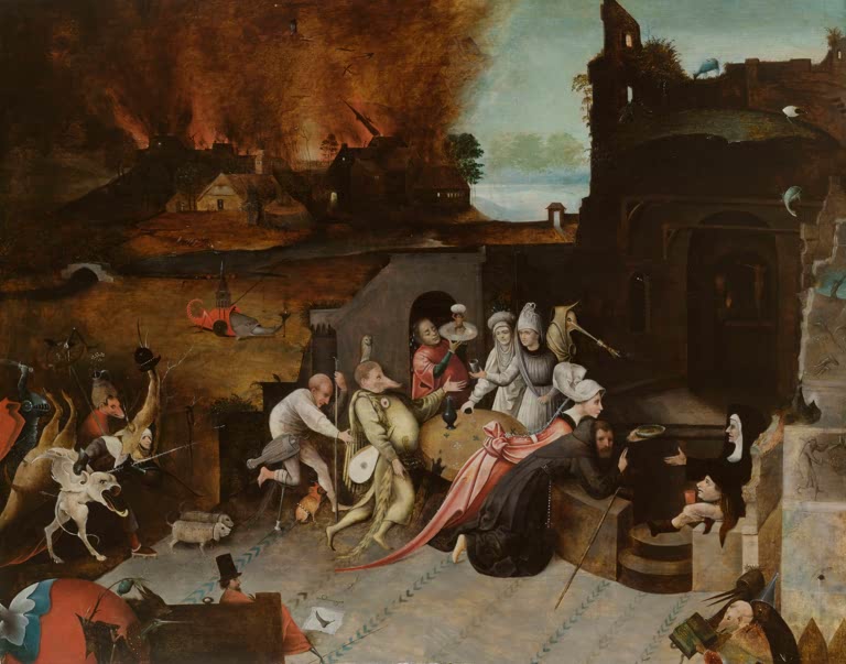 Kunstdruck „Die Versuchung des Heiligen Antonius“ von Hieronymus Bosch mit heiligem Antonius, Dämonen und fantastischer Bildwelt