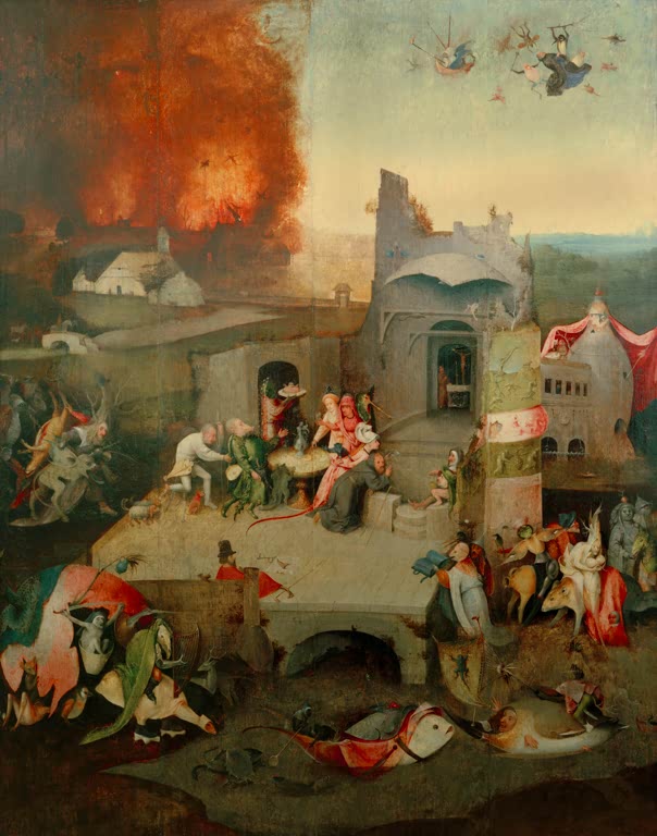 Kunstdruck „Die Versuchung des Hl. Antonius“ von Hieronymus Bosch mit heiligem Antonius, Dämonen und fantastischer Symbolik