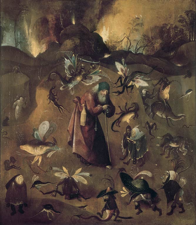 Kunstdruck „Die Versuchung des Hl. Antonius“ von Hieronymus Bosch mit fantastischen Figuren und religiöser Szene
