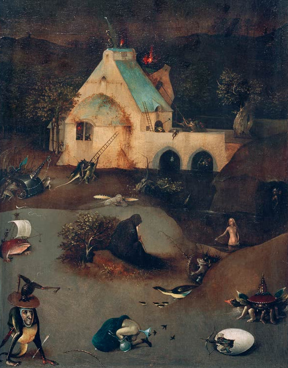 Kunstdruck „Die Versuchung des heiligen Antonius“ von Hieronymus Bosch mit Antonius, fantastischen Wesen und religiöser Symbolik