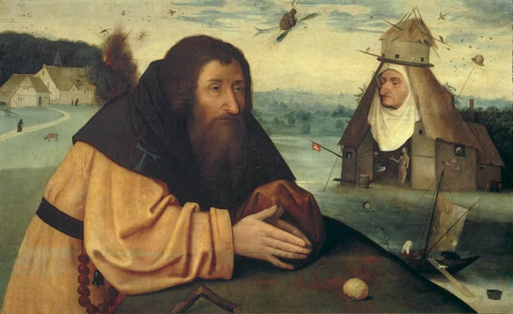 Kunstdruck „Die Versuchung des Heiligen Antonius“ von Hieronymus Bosch mit heiligem Antonius, Dämonen und religiöser Symbolik