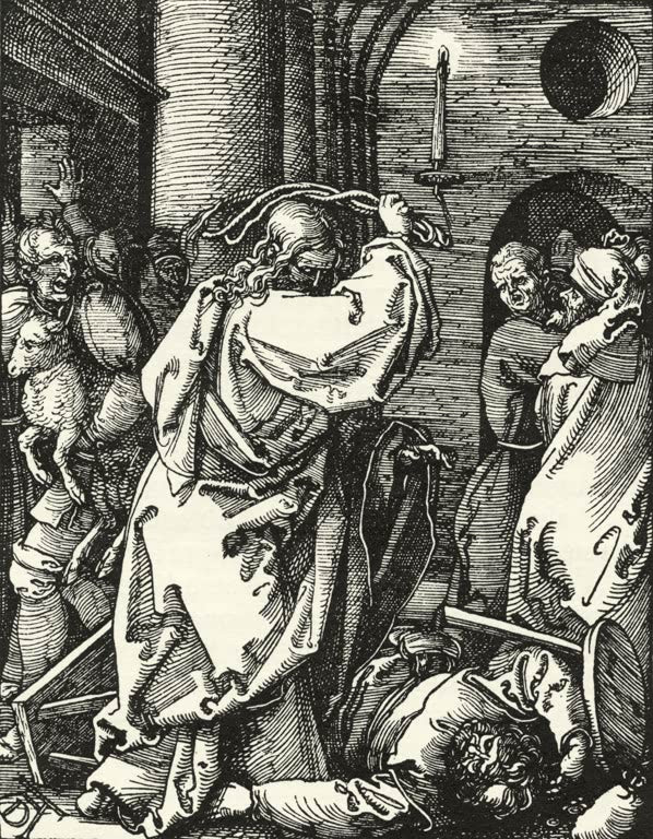 Kunstdruck von „Die Vertreibung der Händler aus dem Tempel“ von Albrecht Dürer. Detailreiche biblische Renaissance-Darstellung mit Christus im Tempel, in Deutschland handgefertigt.