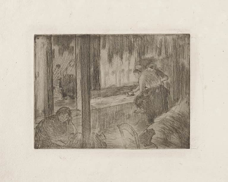 Kunstdruck des Gemäldes Die Wäscherinnen von Edgar Degas mit Frauen bei der Arbeit beim Waschen von Wäsche.