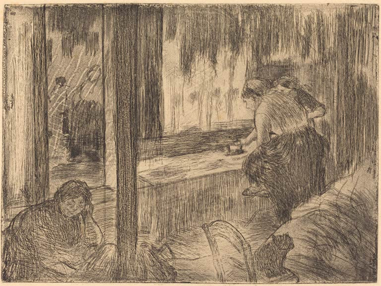 Kunstdruck des Gemäldes Die Wäscheständerinnen von Edgar Degas mit Frauen beim Aufhängen von Wäsche.