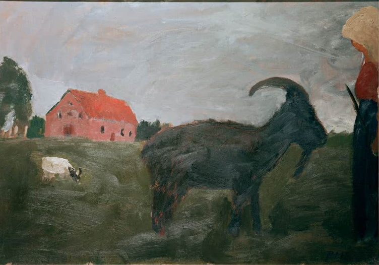 Kunstdruck von „Die Ziegenhirtin“ von Paula Modersohn-Becker. Ausdrucksstarke Darstellung einer Hirtin mit Ziegen in charakteristischer Farbgebung, in Deutschland handgefertigt.
