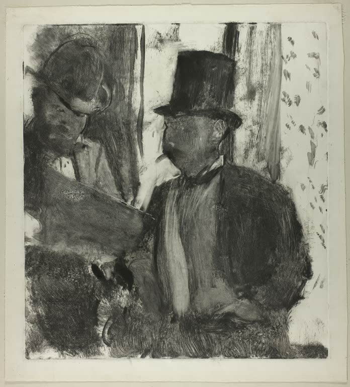 Kunstdruck des Gemäldes Die beiden Kunstkenner von Edgar Degas mit zwei Personen beim Betrachten und Begutachten von Kunstwerken.