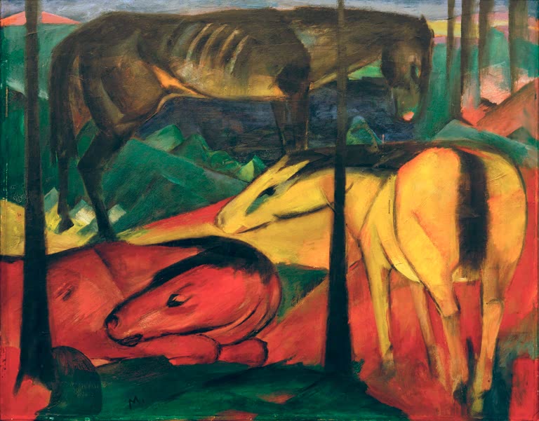 Kunstdruck des Gemäldes „Die drei Pferde“ von Franz Marc. Hochwertig in Deutschland von Hand gefertigt, erhältlich als Poster oder Leinwand und optional gerahmt.