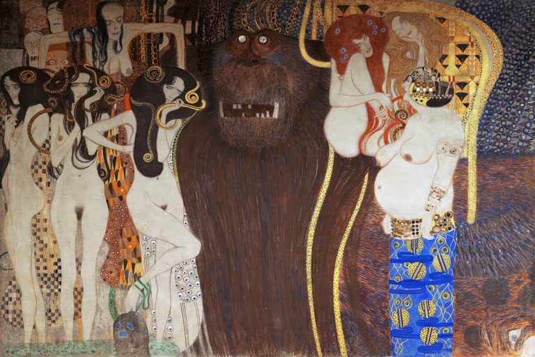 Kunstdruck von „Die feindlichen Gewalten“ von Gustav Klimt mit eindrucksvoller symbolistischer Komposition und kunstvoller Jugendstil-Ornamentik. In Deutschland von Hand gefertigt.