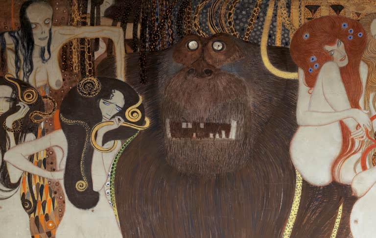 Kunstdruck von „Die feindlichen Gewalten“ von Gustav Klimt mit symbolistischer Bildsprache, detailreicher Ornamentik und ausdrucksstarker Komposition. Als Leinwand oder Poster erhältlich.