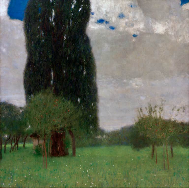 Kunstdruck des Gemäldes „Die große Pappel I“ von Gustav Klimt – hochwertige Reproduktion einer stimmungsvollen Landschaft mit Pappelbaum.