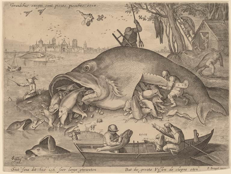 Kunstdruck „Die großen Fische fressen die kleinen Fische“ von Hieronymus Bosch mit großen und kleinen Fischen als moralisches Sinnbild