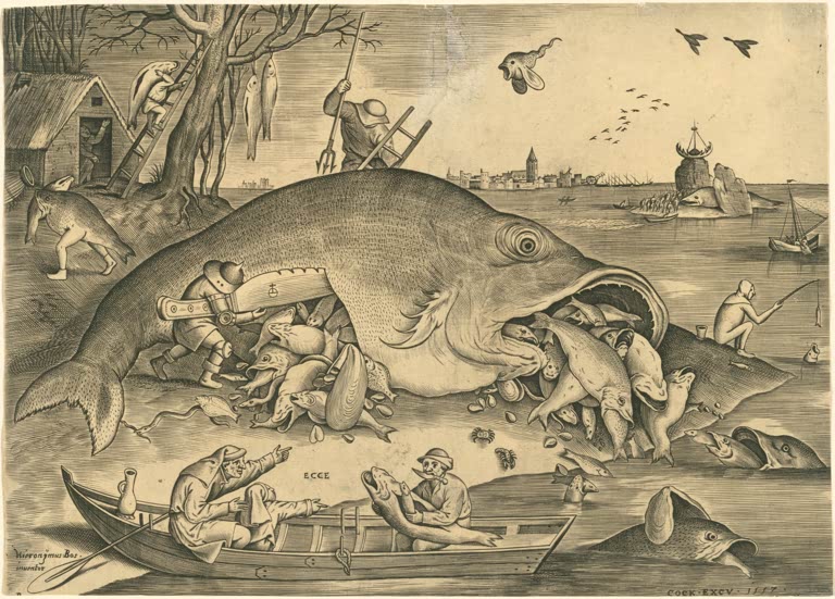 Kunstdruck „Die großen Fische fressen die kleinen Fische“ von Hieronymus Bosch mit fantastischer Fischszene und moralischer Symbolik