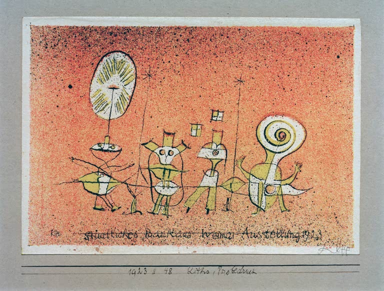 Kunstdruck des Gemäldes Die heitere Seite, Weimar Bauhaus-Ausstellung 1923, Bauhaus von Paul Klee, handgefertigt in Deutschland als hochwertiger Kunstdruck.