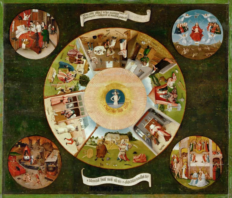 Kunstdruck „Die sieben Hauptsünden und die vier Letzten Dinge“ von Hieronymus Bosch mit religiöser Moralsymbolik