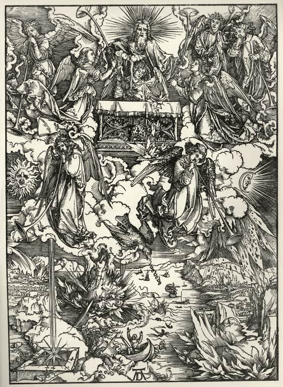 Kunstdruck „Die sieben Posaunenengel“ von Albrecht Dürer mit dramatischer Szene aus der Apokalypse