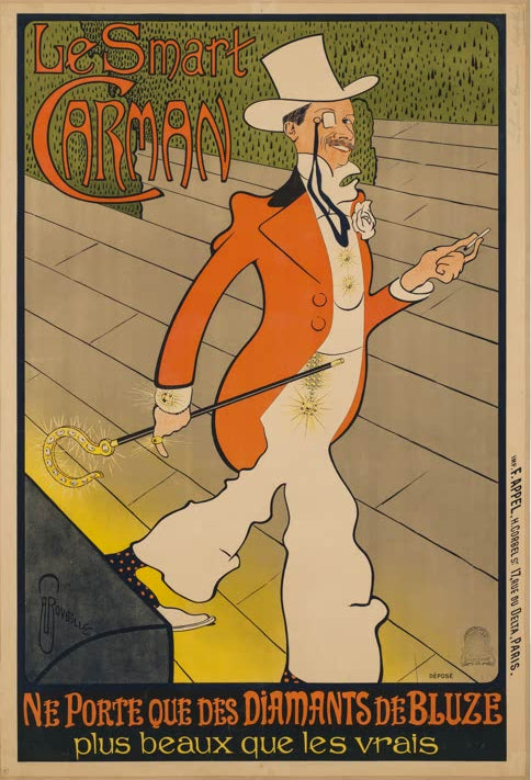Kunstdruck „Die smarte Carman trägt nur Diamanten von Bluze“ von Auguste Roubille mit eleganter Mode- und Schmuckdarstellung
