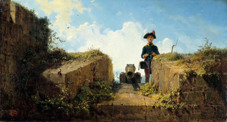 Kunstdruck „Die strickende Wache“ von Carl Spitzweg mit humorvoller Wachfigur beim Stricken