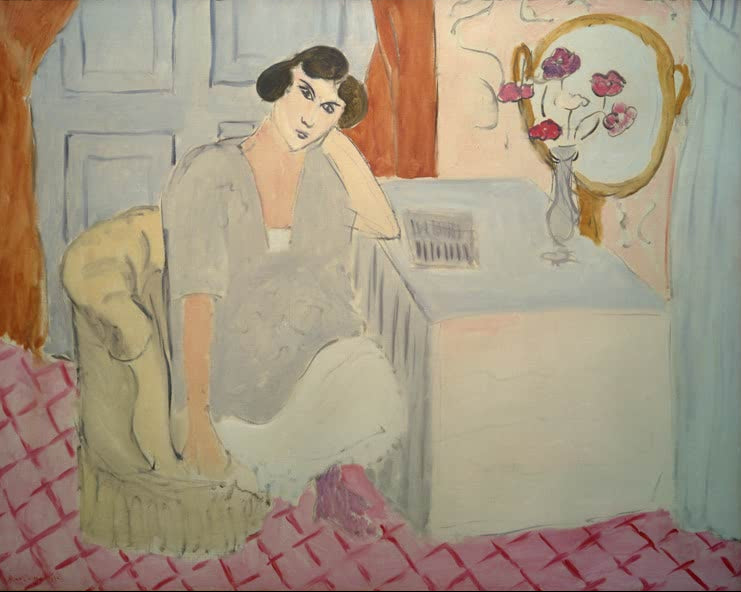 Kunstdruck des Gemäldes „Die unaufmerksame Leserin“ von Henri Matisse, erhältlich als Leinwand oder Poster, optional gerahmt, in Deutschland von Hand gefertigt.