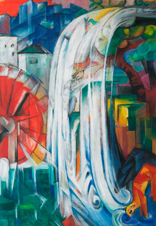 Kunstdruck des Gemäldes „Die verhexte Mühle“ von Franz Marc. Hochwertig in Deutschland von Hand gefertigt, erhältlich als Poster oder Leinwand und optional gerahmt.