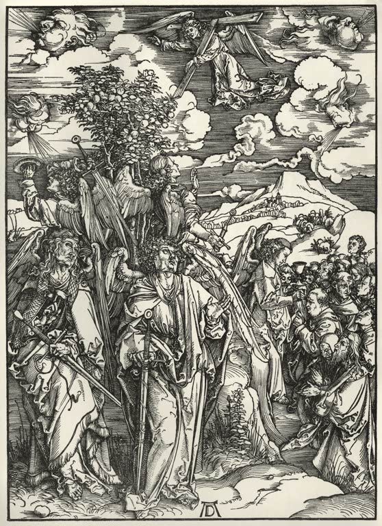 Kunstdruck „Die vier Windengel und die Versiegelung der Auserwählten“ von Albrecht Dürer mit apokalyptischer Szene