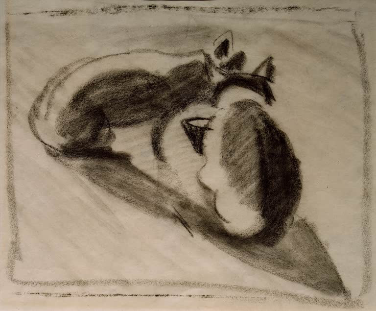Kunstdruck des Gemäldes „Die zwei Katzen des Malers Marc“ von August Macke. Hochwertig in Deutschland von Hand gefertigt, erhältlich als Leinwand oder Poster und optional gerahmt.