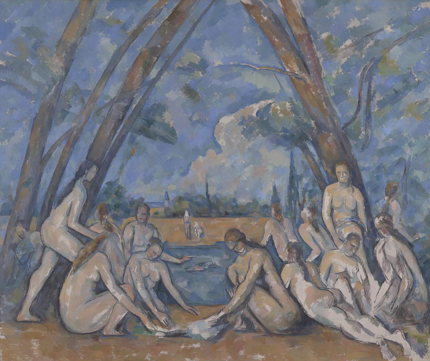 Die großen Badenden von Paul Cézanne – postimpressionistisches Gemälde einer Gruppe badender Figuren in einer natürlichen Landschaft