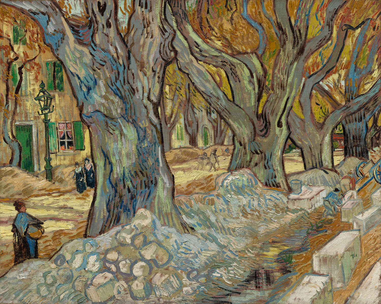 Ein Gemälde von Vincent van Gogh aus dem Jahr 1889, das große, mächtige Platanen zeigt, die in kräftigen Blau-, Grün- und Gelbtönen dargestellt sind. Der Himmel ist tiefblau und kontrastiert mit dem goldenen Licht, das die Bäume durchdringt. 