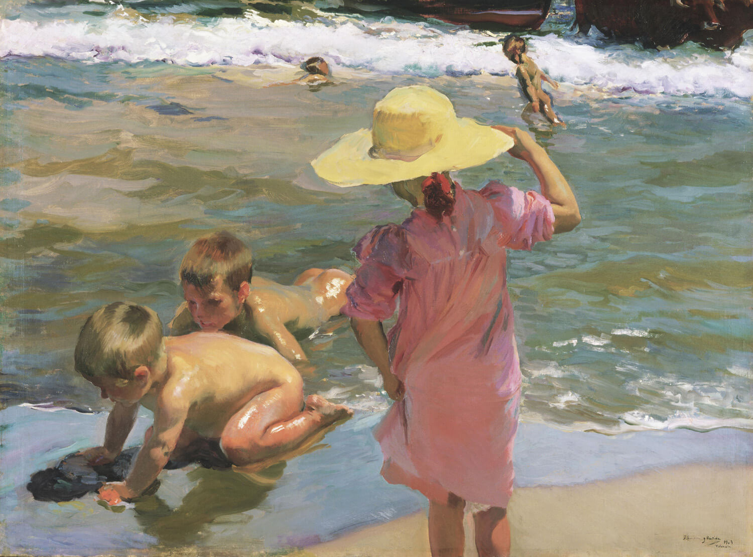 „Die jungen Amphibien“ von Joaquín Sorolla zeigt Kinder, die ausgelassen am Ufer des Meeres spielen. Das Gemälde fängt die lebendigen Farben und die fröhliche Stimmung des Sommertages ein, wobei die Wellen und das Sonnenlicht kunstvoll dargestellt werden.