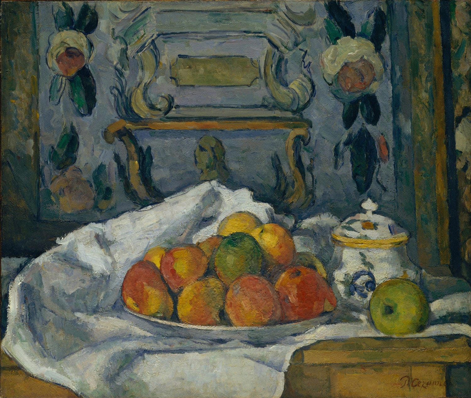 „Schale mit Äpfeln“ von Paul Cézanne zeigt eine ruhige Anordnung von Äpfeln auf einem Teller. Mit kräftigen Pinselstrichen und einer meisterhaften Licht- und Schattenbehandlung fängt Cézanne die Texturen und Farben der Früchte und des Geschirrs in perfekter Detailtreue ein, was das Werk zu einem zeitlosen Stillleben macht.